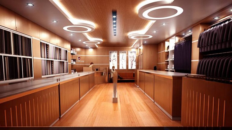 Luxury showroom interior with modern ceiling and lighting